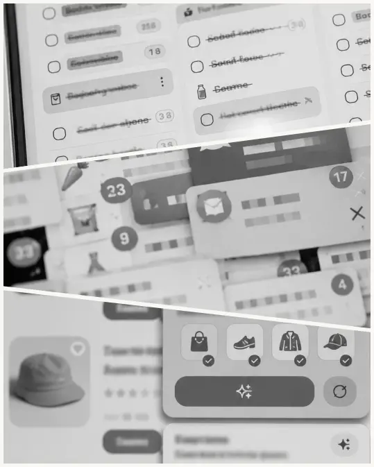 Collage of three generic grocery app screenshots: lists with excessive labels, loyalty cards and overlapping notifications, invasive automatic suggestions.