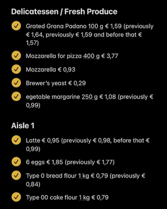 Screenshot of the phone note with grocery list and annotations on price changes.