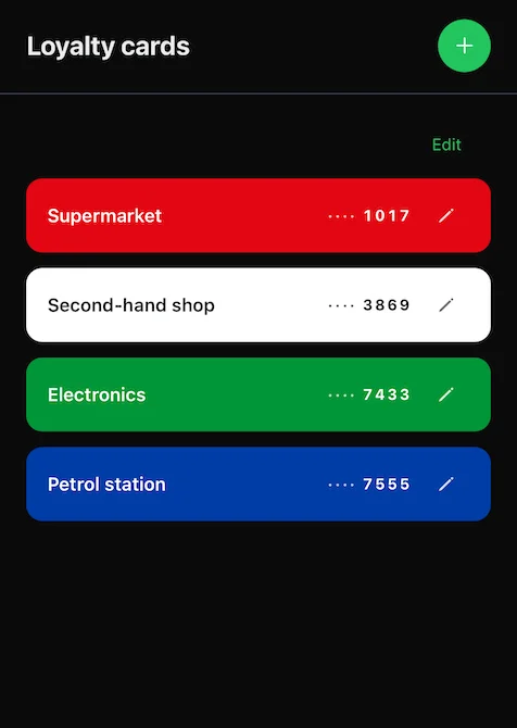 Spesary app screen showing the loyalty card wallet with barcodes