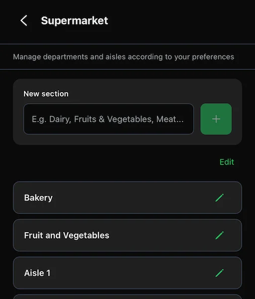 Spesary app screen for managing and reordering shopping list sections