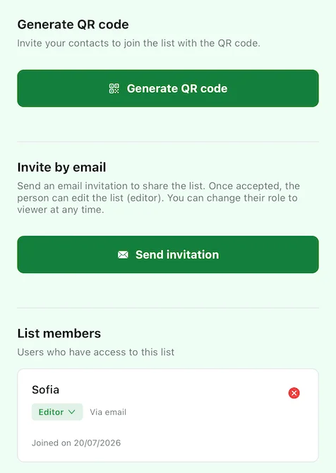 Spesary app screen showing a shared shopping list via QR code or email