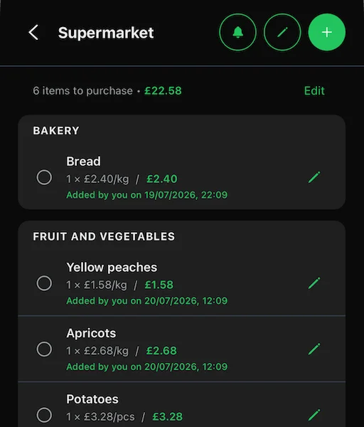 Spesary app screen showing a Supermarket list with prices and quantities