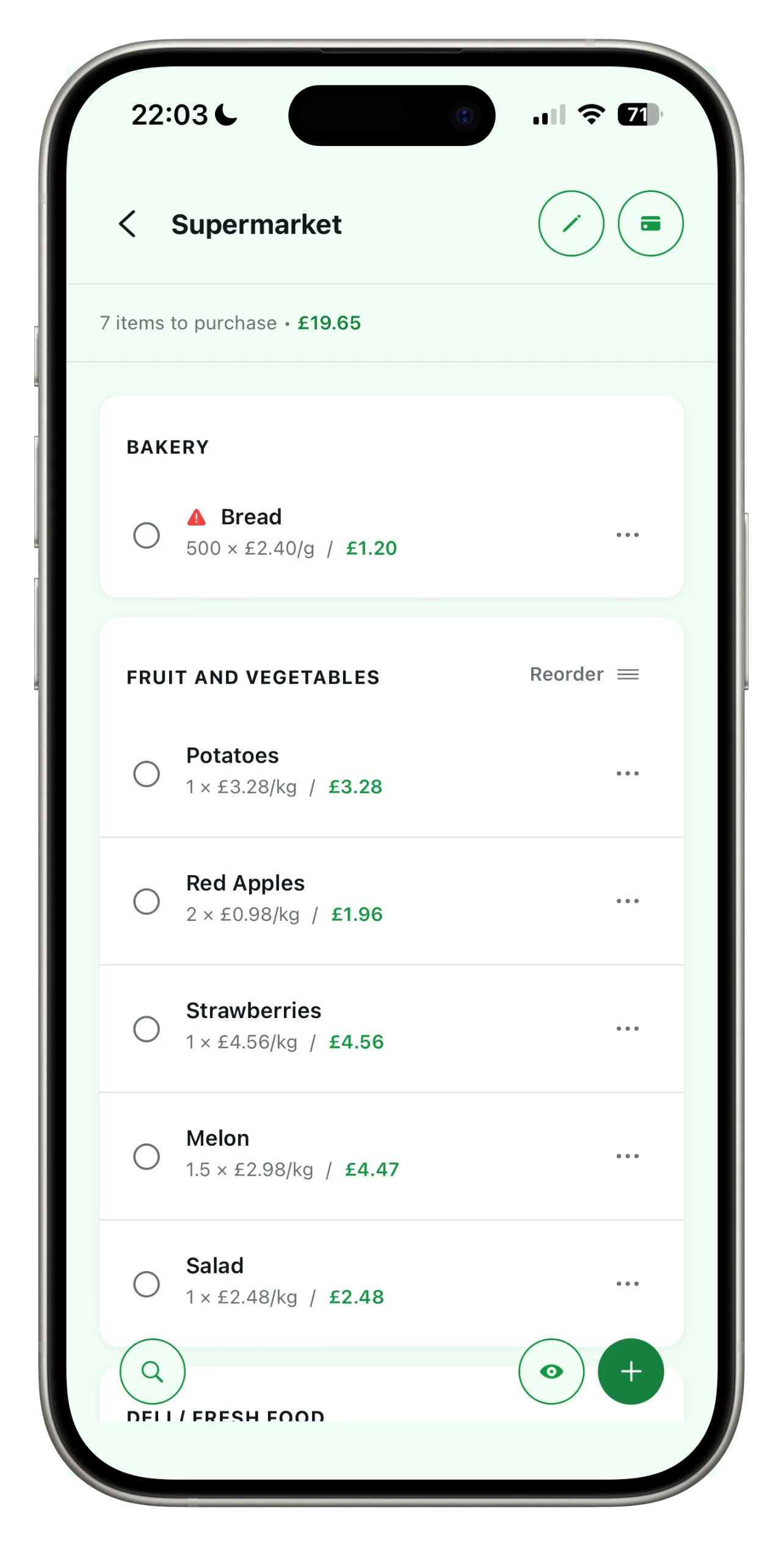 Spesary app: grocery list