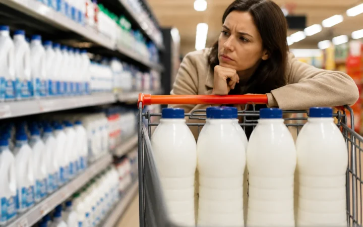 Woman looking uncertain at milk bottles in a shopping cart