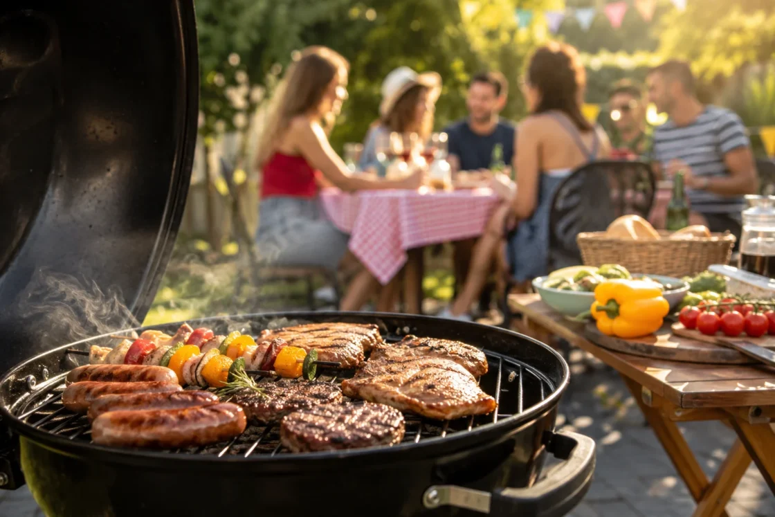 Griglia con carne e spiedini alla brace durante barbecue estivo tra amici