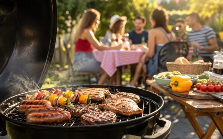 Griglia con carne e spiedini alla brace durante barbecue estivo tra amici