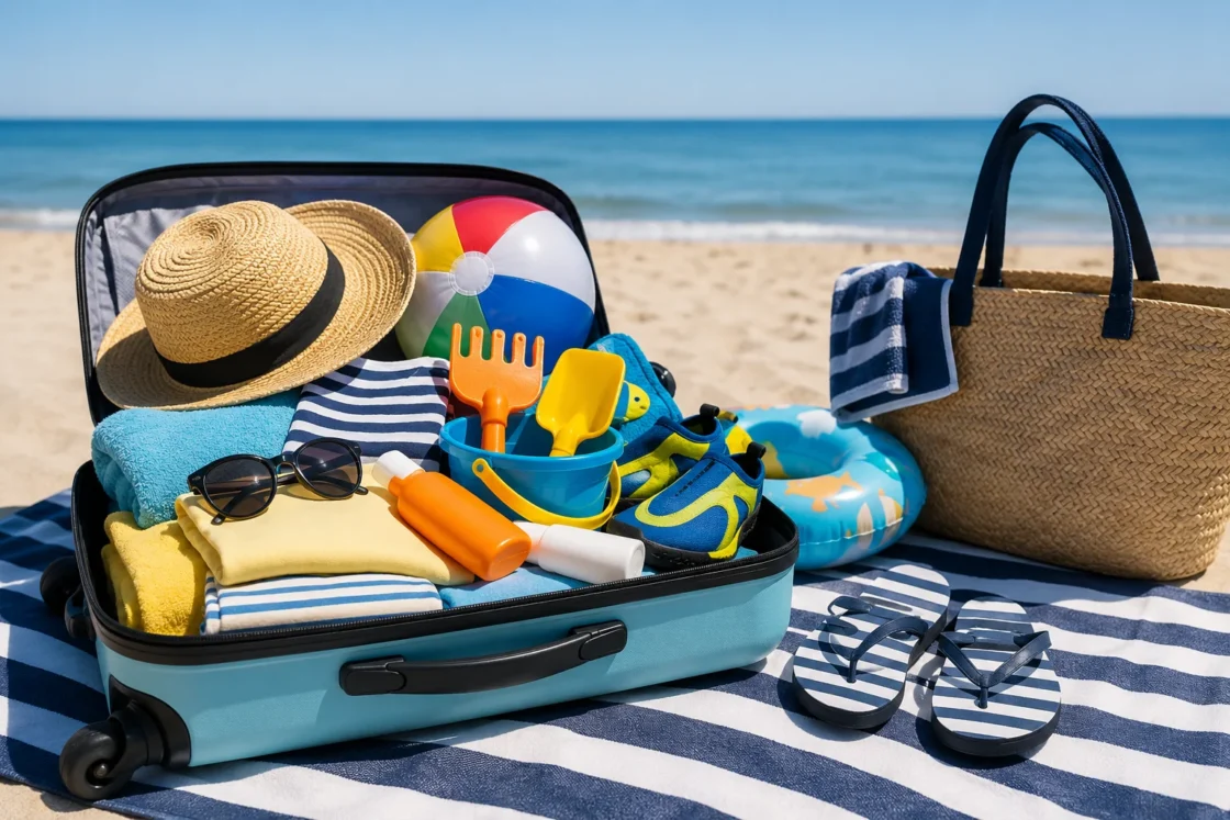 Open suitcase with beach toys and accessories for a family beach weekend