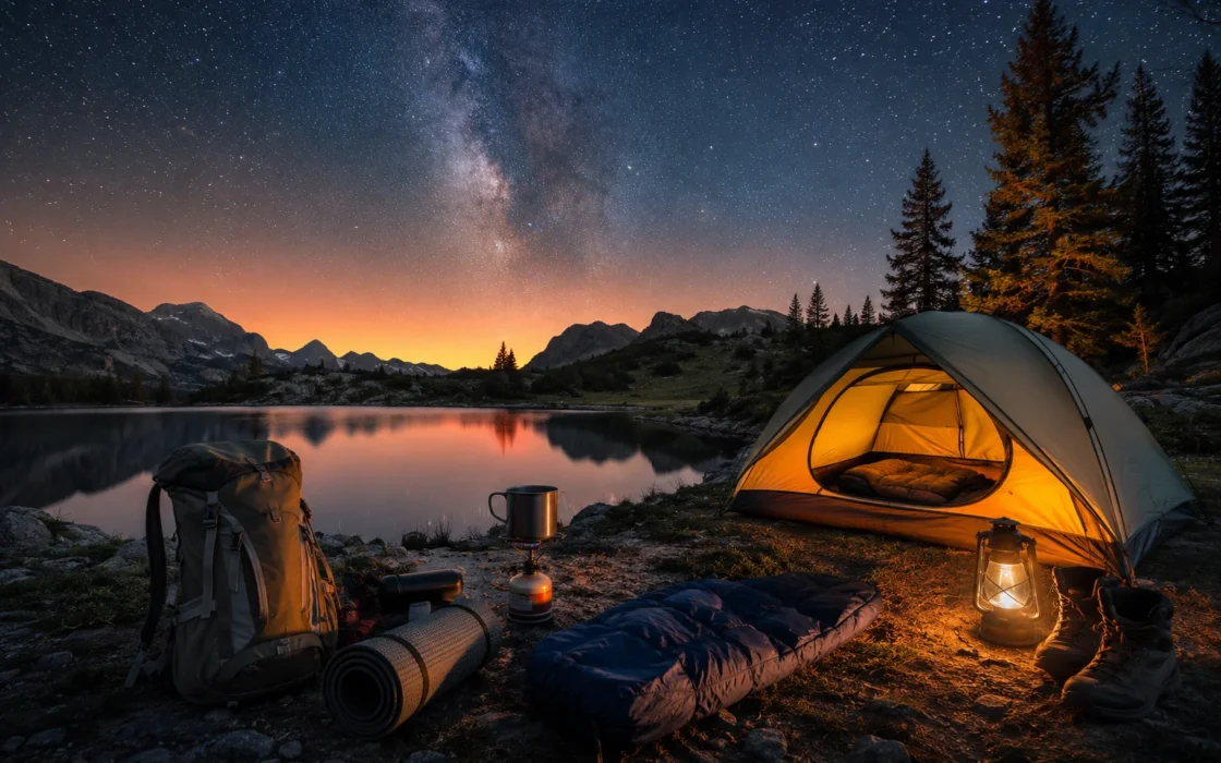 Tenda illuminata e attrezzatura da campeggio sotto cielo stellato in montagna