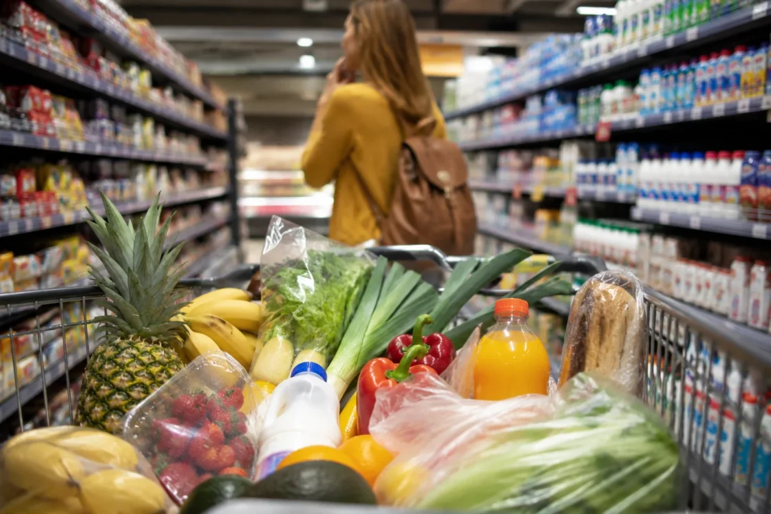 Carrello pieno di frutta, verdura e prodotti freschi in corsia di supermercato