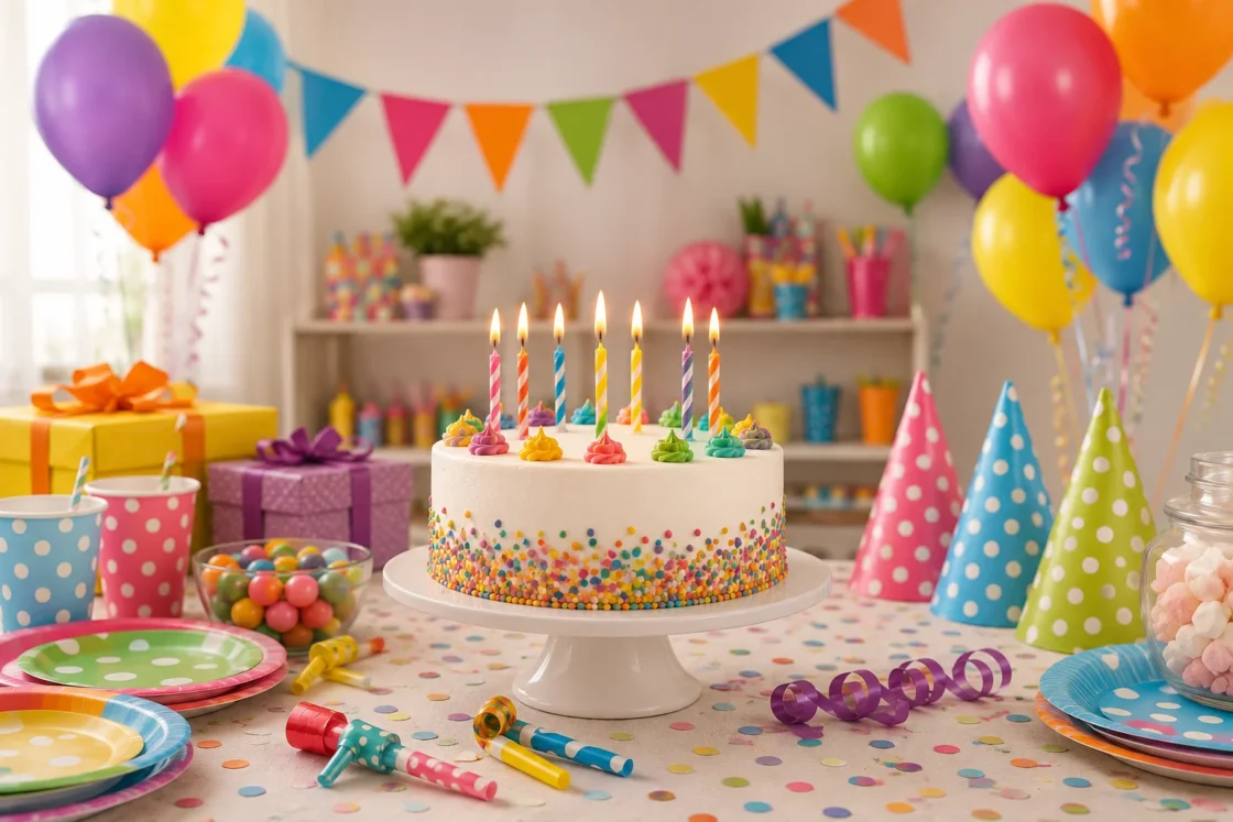 Torta di compleanno con candeline colorate su tavolo festa bambini