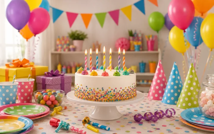 Torta di compleanno con candeline colorate su tavolo festa bambini