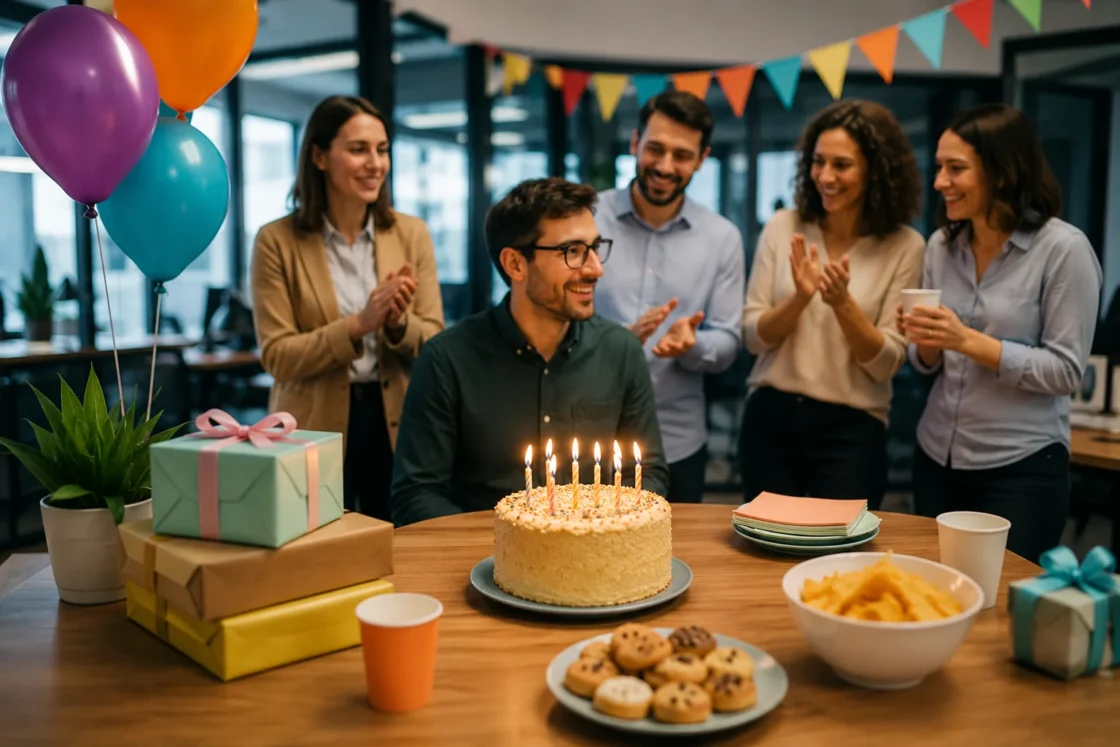 Colleghi festeggiano compleanno in ufficio con torta e candeline
