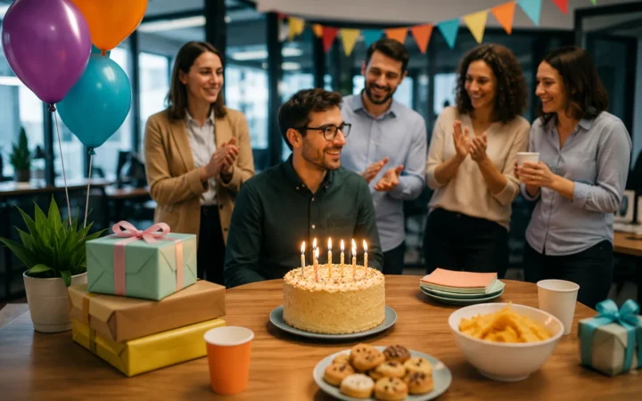 Colleghi festeggiano compleanno in ufficio con torta e candeline