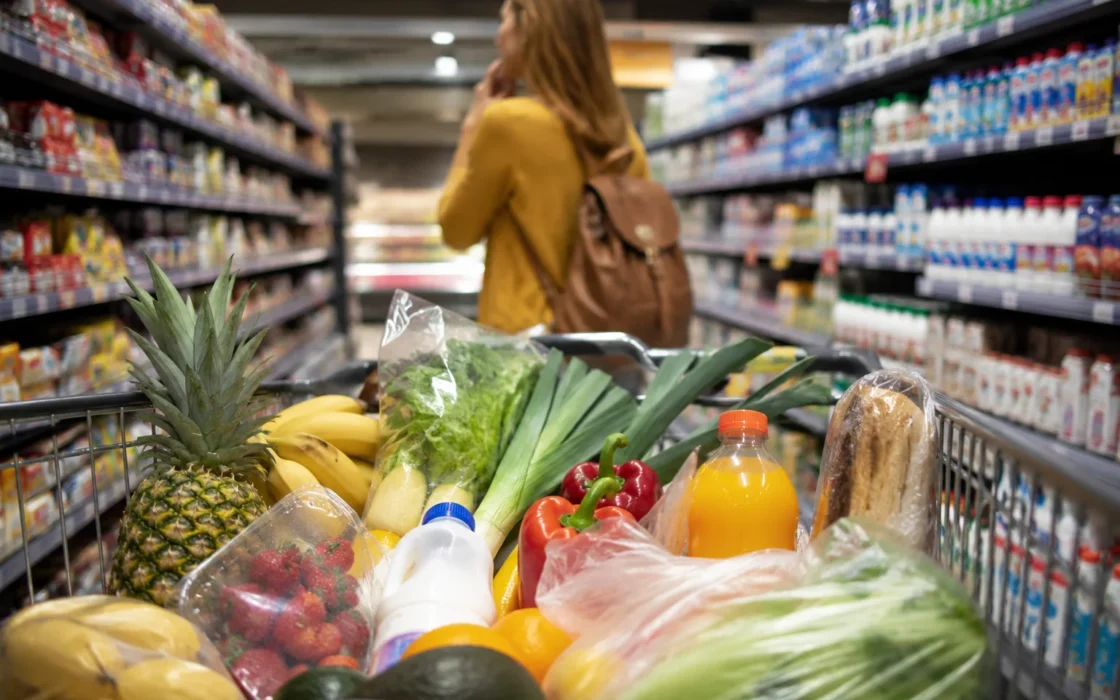 Grocery cart full of fresh produce and food items in a supermarket aisle