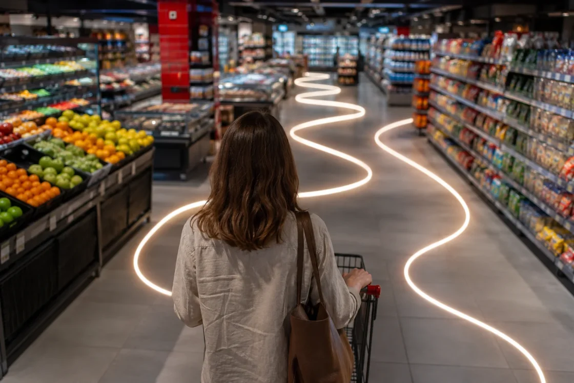 Donna con carrello che segue un percorso luminoso tra gli scaffali del supermercato