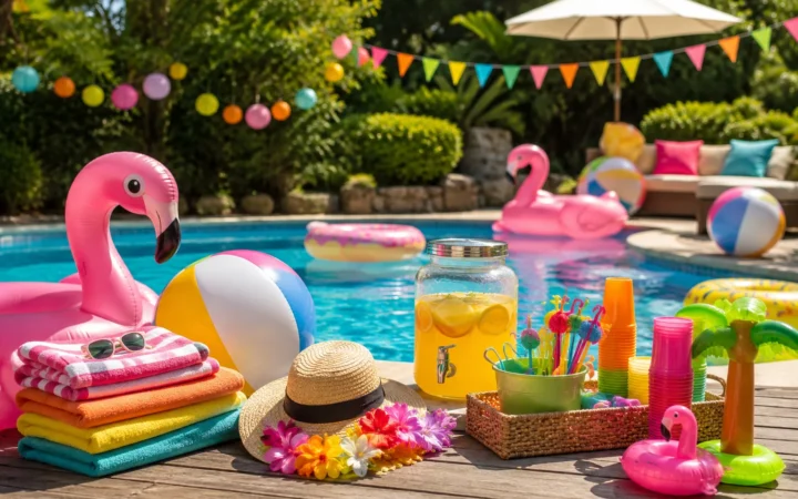 Fenicottero gonfiabile e accessori colorati per pool party in piscina