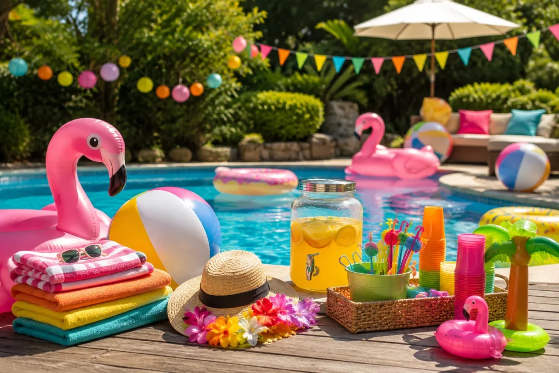 Inflatable flamingo and colorful supplies for a backyard pool party