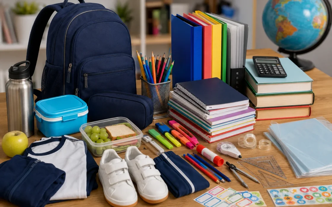 Zaino, quaderni e materiale scolastico organizzati su scrivania per il primo giorno di scuola