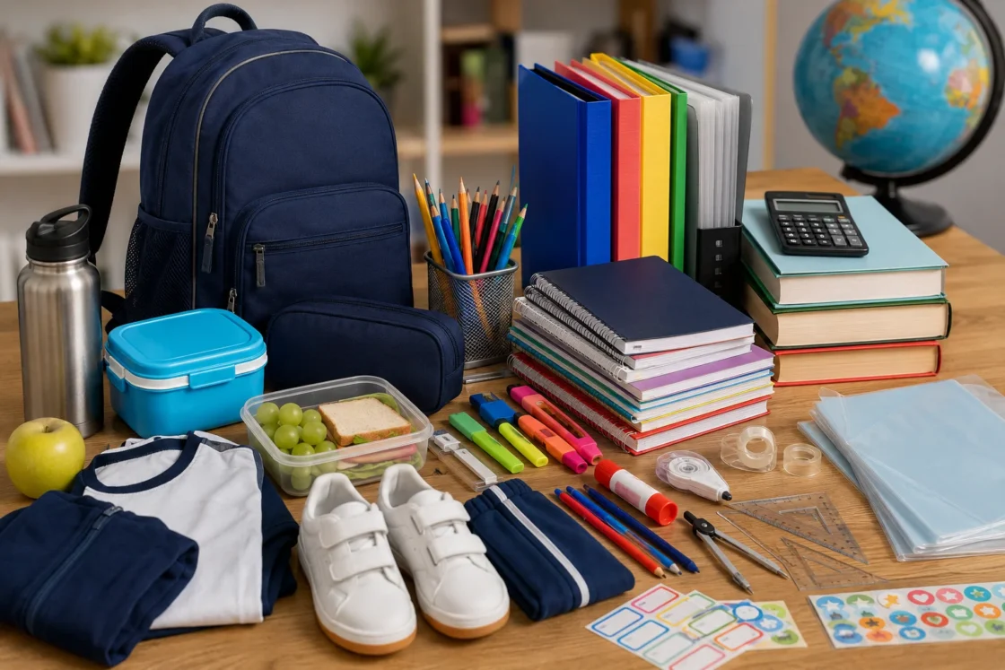 Zaino, quaderni e materiale scolastico organizzati su scrivania per il primo giorno di scuola