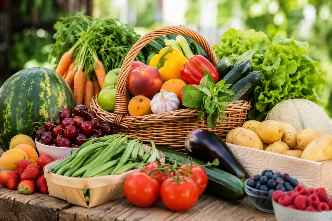 Basket of fresh seasonal fruit and vegetables on a wooden table