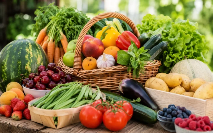 Basket of fresh seasonal fruit and vegetables on a wooden table