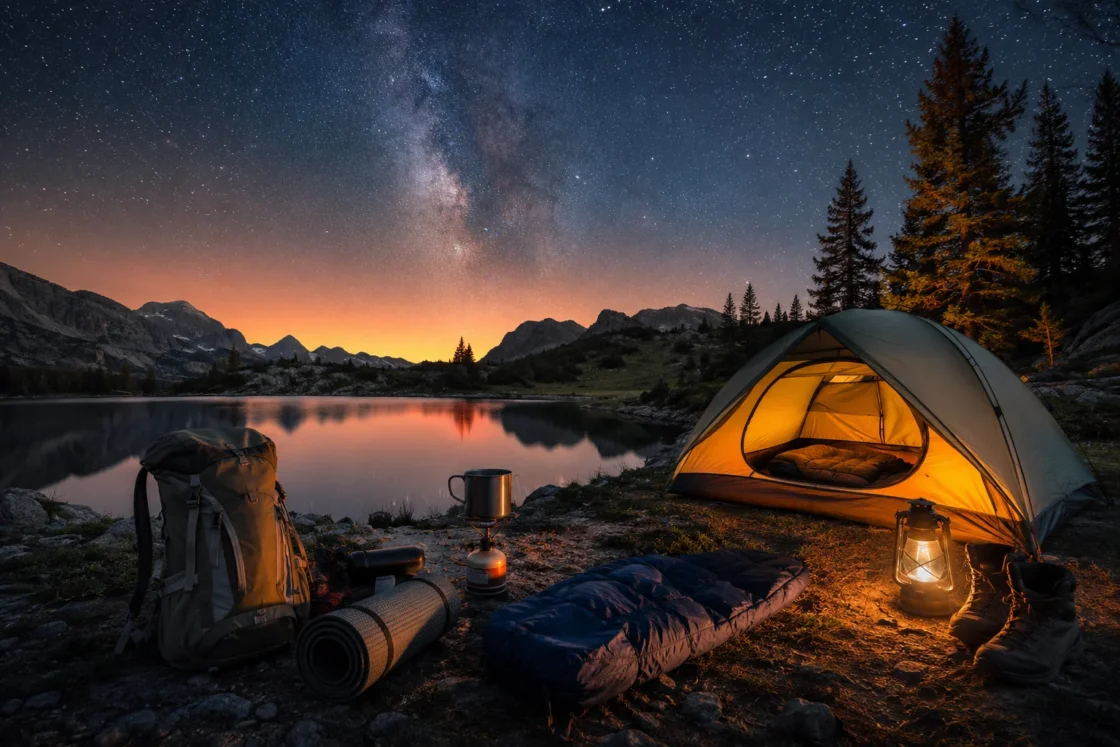 Illuminated tent and camping gear under a starry mountain sky