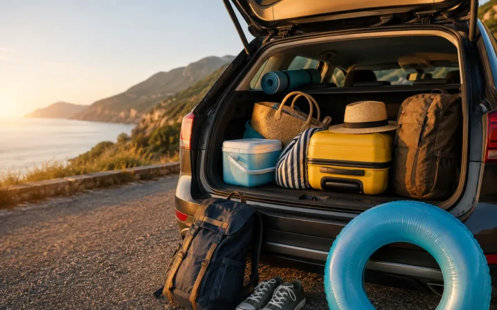 Car trunk packed with luggage and gear for a summer road trip