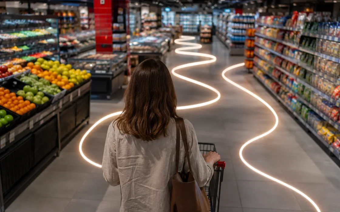 Woman with shopping cart following a glowing path through supermarket aisles