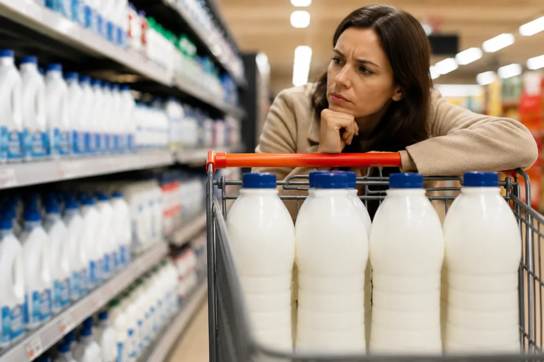 Donna perplessa osserva bottiglie di latte nel carrello al supermercato