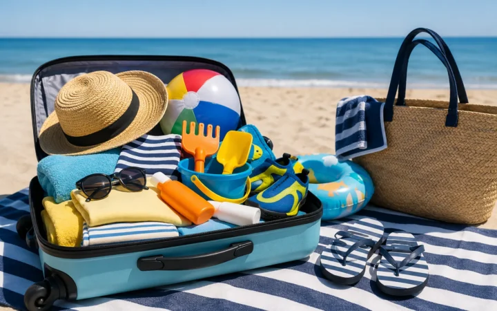 Valigia aperta con giochi da spiaggia e accessori per weekend al mare con bambini