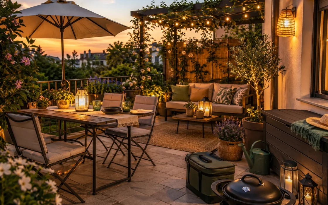 Terrazza allestita al tramonto con divano, tavolo, luci e piante per l'estate