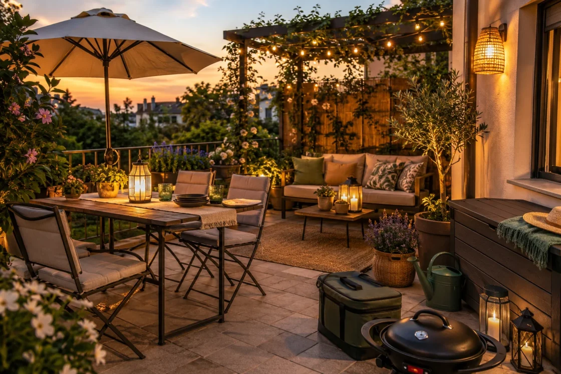 Terrazza allestita al tramonto con divano, tavolo, luci e piante per l'estate