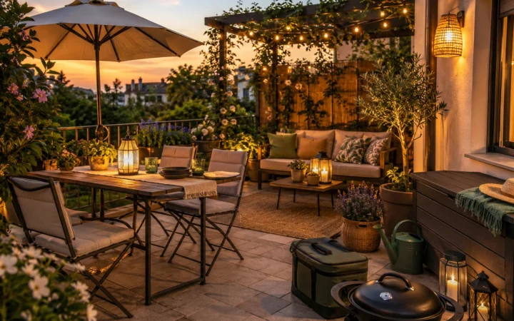 Terrazza allestita al tramonto con divano, tavolo, luci e piante per l'estate