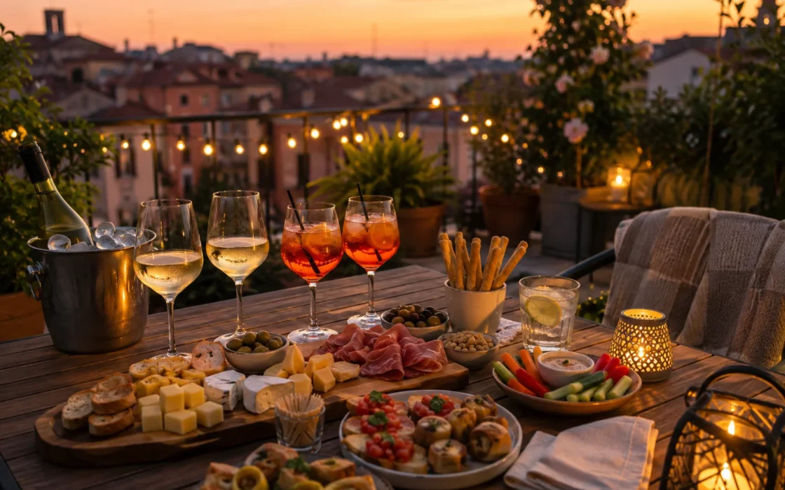 Tavolo apparecchiato con spritz, taglieri e stuzzichini per aperitivo estivo in terrazza