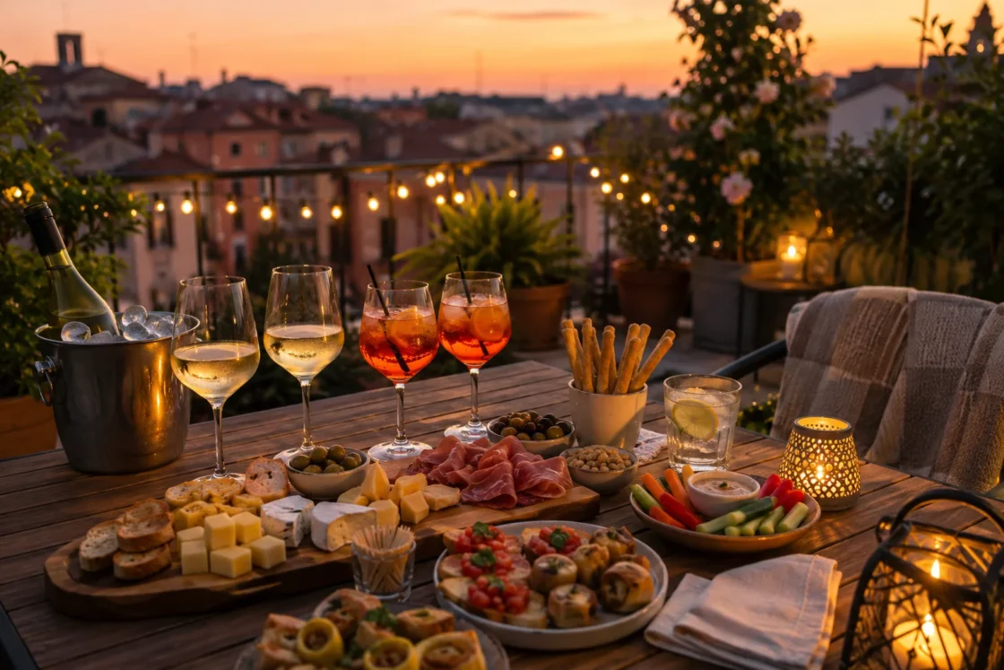Tavolo apparecchiato con spritz, taglieri e stuzzichini per aperitivo estivo in terrazza