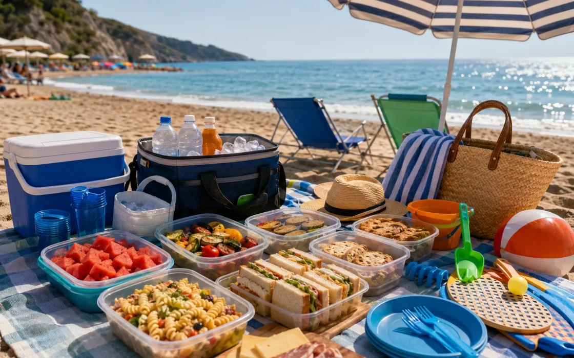Packed lunch with sandwiches and salads on a beach blanket under an umbrella