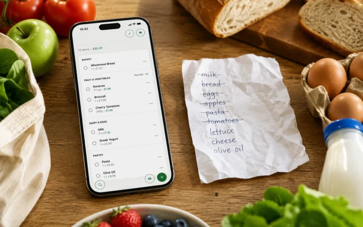 Smartphone with digital shopping list next to a handwritten paper list