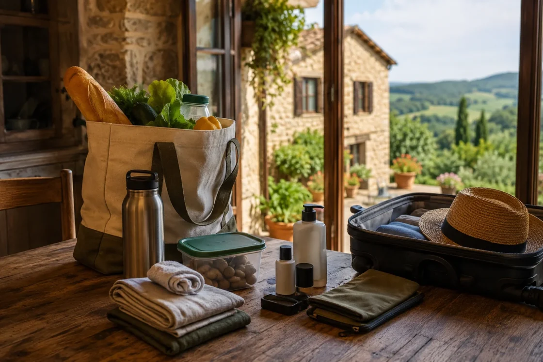 Tote bag with fresh food and packed suitcase for a farmhouse holiday stay