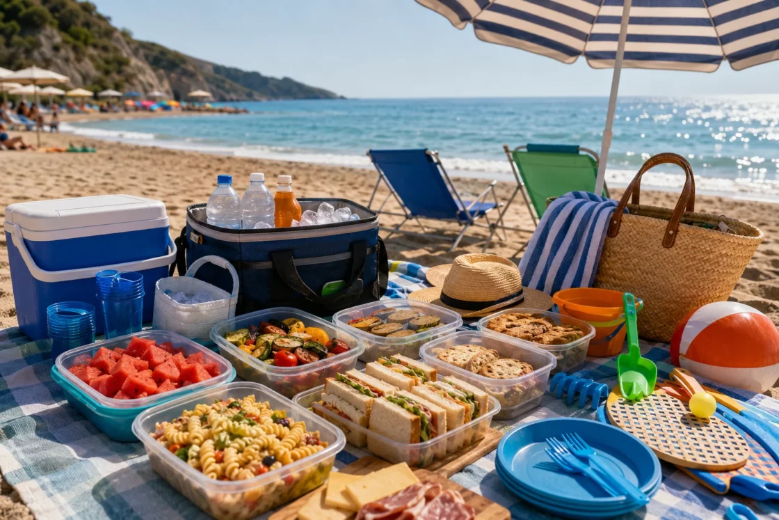 Pranzo al sacco con panini e insalate su telo da spiaggia con ombrellone