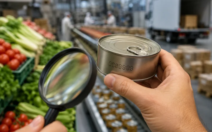 Magnifying glass over batch number printed on a food can