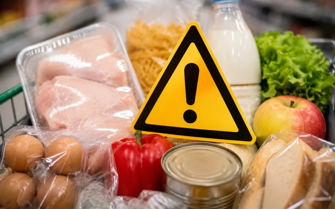Triangular warning symbol on a cart with grocery products
