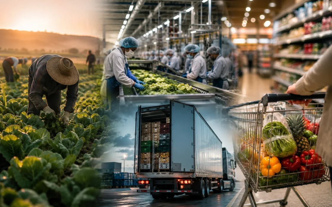 Sequence from farm to processing to shopping cart: food supply chain in three stages