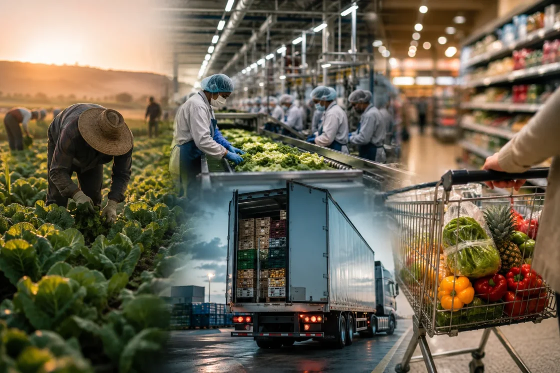Sequence from farm to processing to shopping cart: food supply chain in three stages