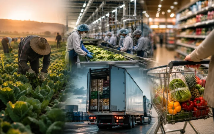 Sequence from farm to processing to shopping cart: food supply chain in three stages