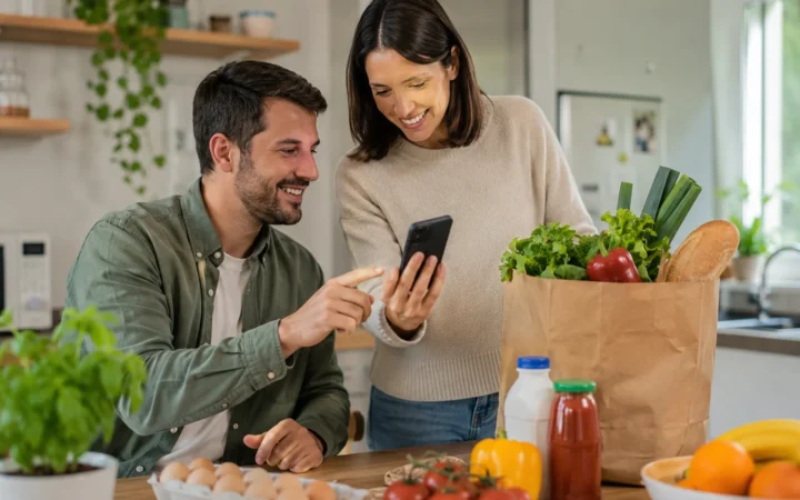 Coppia consulta insieme lista della spesa condivisa su smartphone