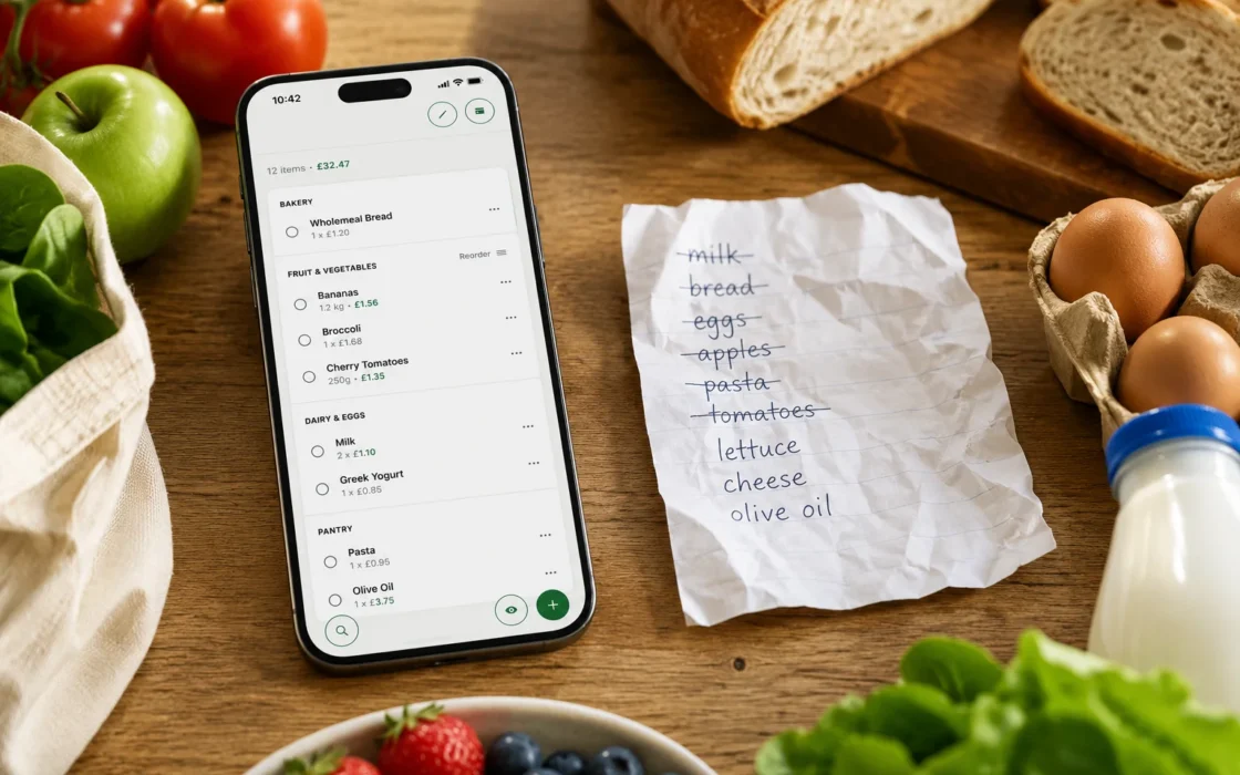 Smartphone con lista della spesa digitale accanto a foglio di carta con lista scritta a mano