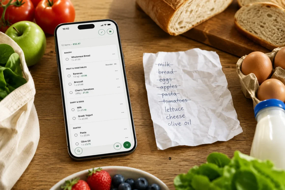 Smartphone con lista della spesa digitale accanto a foglio di carta con lista scritta a mano