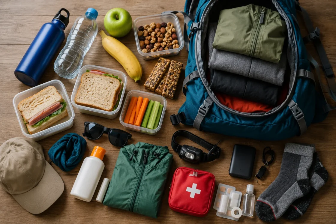 Open hiking backpack with clothes, snacks and first aid kit laid out on a table