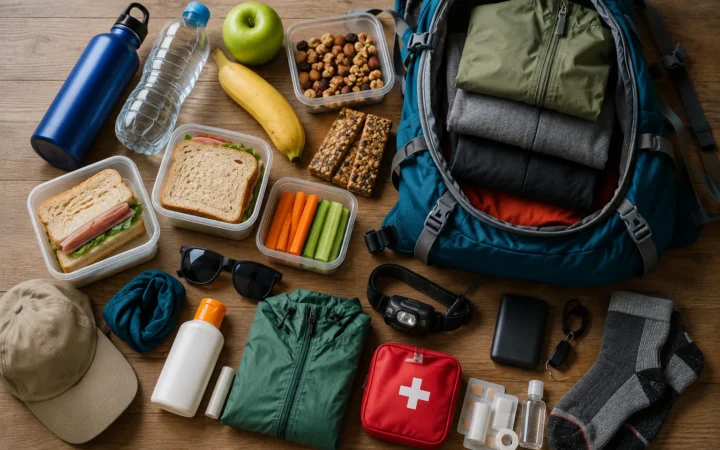 Open hiking backpack with clothes, snacks and first aid kit laid out on a table