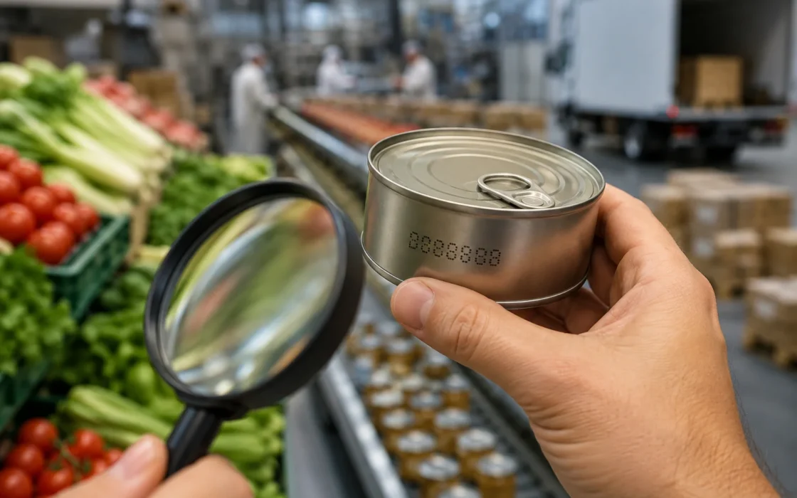 Lente d'ingrandimento su numero di lotto stampato su lattina alimentare